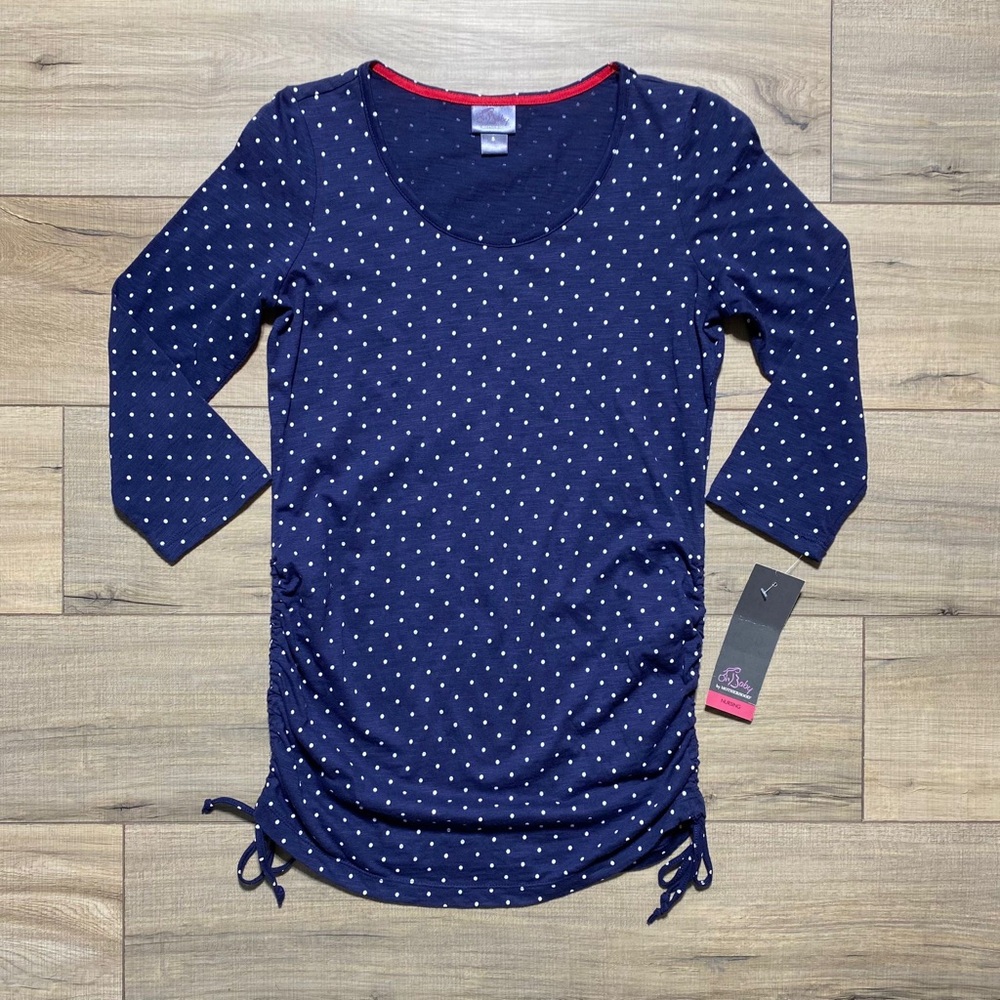 Oh Baby by Motherhood Womens Ruched Sides Polka‎ Dot Top Size Small Blue